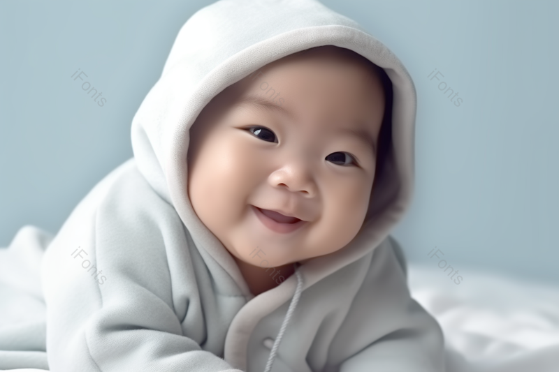 穿灰色带帽外套的可爱的婴儿微笑,高清,摄影图,摄影图片,图片大全,摄影图免费下载